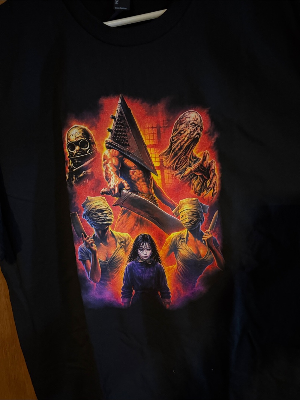 Zobie Fright Black Silent Hill Horror T-Shirt with Fiery Monster Print